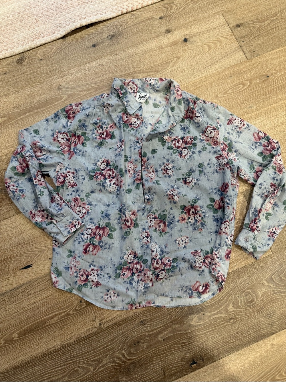 Vintage Light Blue Floral Button-Up Shirt - Casual women’s Shirt